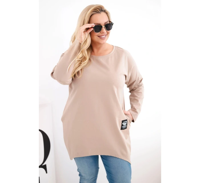 Dámská halenka Plus Size s prodlouženým zadním dílem a dlouhým rukávem camelová