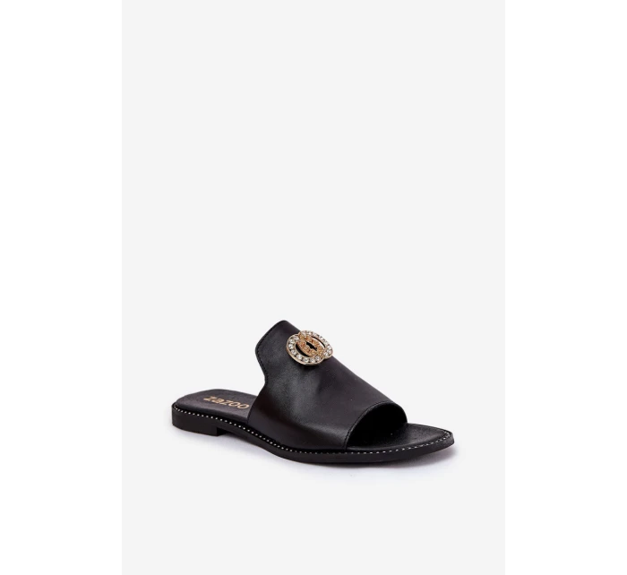 Elegantní Dámské Kožené Pantofle S Dekorací Zazoo 3008 Černé