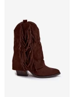 Dámské kotníkové kozačky – kovbojky se třásněmi na sloupku Gralina – čokoládové