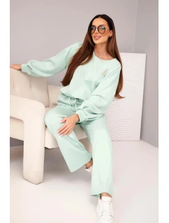 Dámský komplet máslová mikina s broží a kalhoty s rovnou nohavicí tmavě mátová