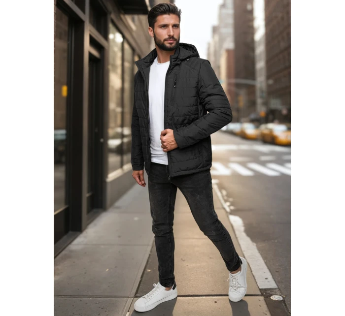 Pánská přechodná prošívaná bunda s kapucí černá FashionStreet TX5003 Pánská přechodná prošívaná bunda s kapucí černá FashionStreet TX5003