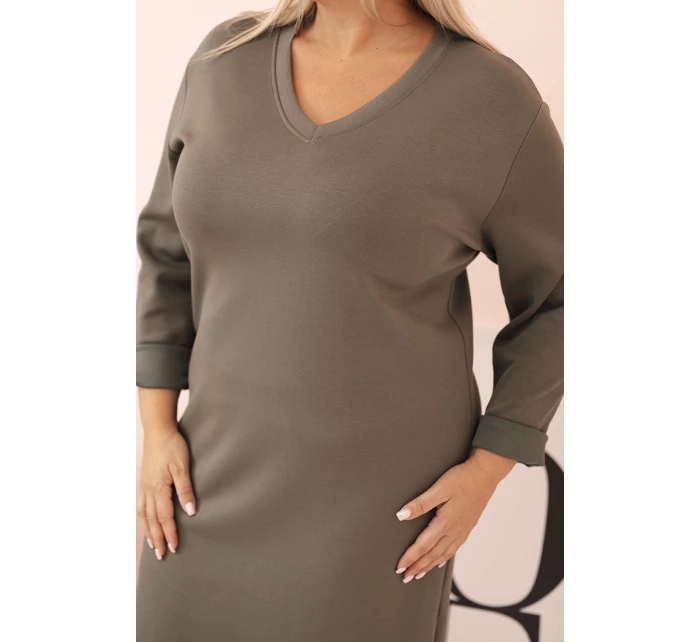 Dámská model 21884509 Plus Size máslová s výstřihem do V a rukávem khaki - K-Fashion