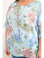 Dámská bavlněná halenka Plus Size s krátkým rukávem a květinovým vzorem modrá