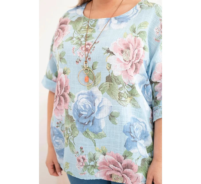 Dámská bavlněná halenka Plus Size s krátkým rukávem a květinovým vzorem modrá