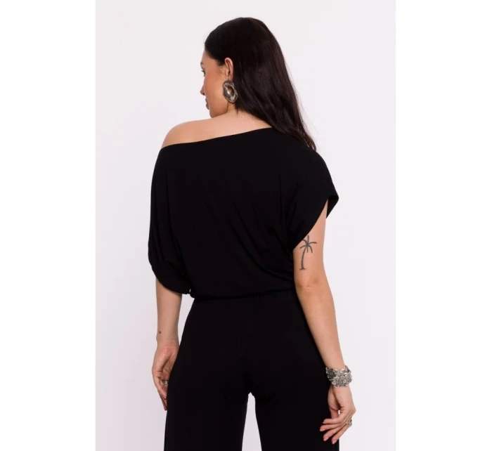 B287 Viskózový top s výstřihem na ramena - černý