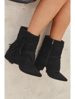 Dámské kotníkové boty na sloupku s třásněmi a zlatými přezkami Evelisse – černé
