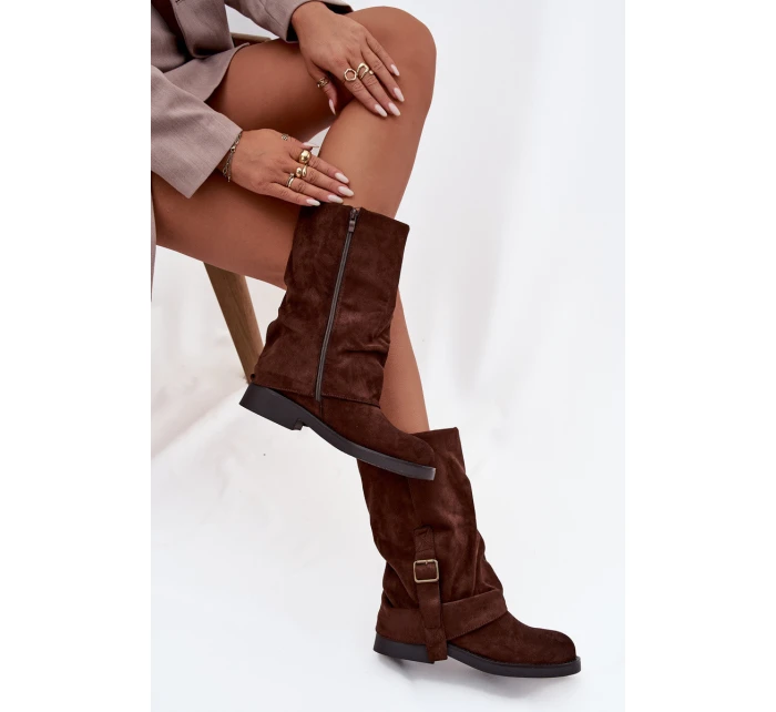 Dámské kozačky s svrškem do  s přezkou hnědé model 21715252 - Boto