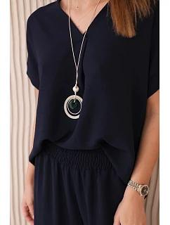 Komplet s náhrdelníkem halenka + kalhoty námořnická modř