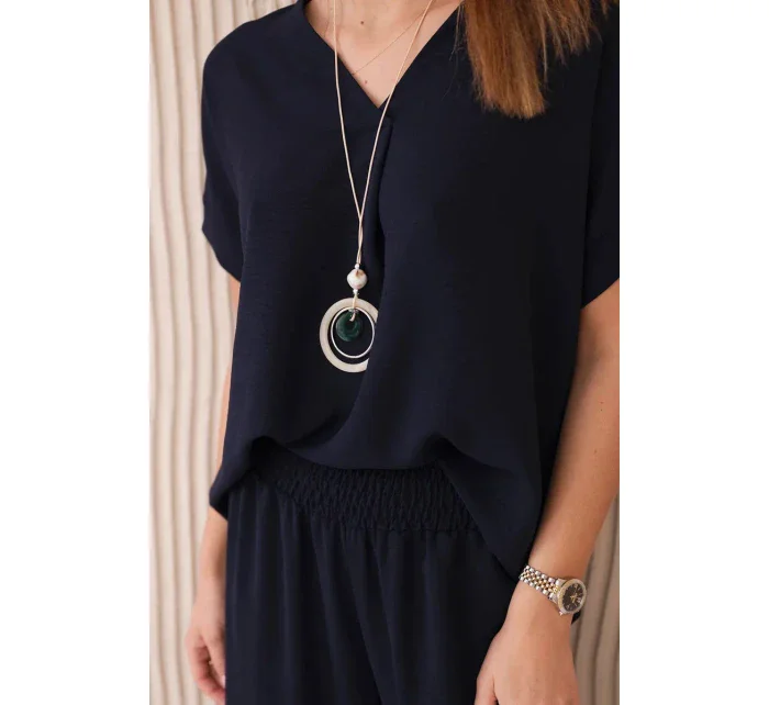 Komplet s náhrdelníkem halenka + kalhoty námořnická modř Komplet s náhrdelníkem halenka + kalhoty námořnická modř