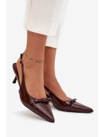 Lakované lodičky na jehlovém podpatku s mašličkou čokoládové Olvena