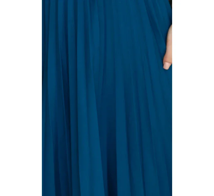 311-17 LILA Klasické plisované šaty s krátkými rukávy a páskem - barva MARINE 311-17 LILA Klasické plisované šaty s krátkými rukávy a páskem - barva MARINE