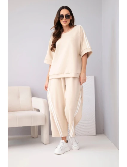 Dámský komplet máslový z viskózy mikina a kalhoty s lampasy béžový