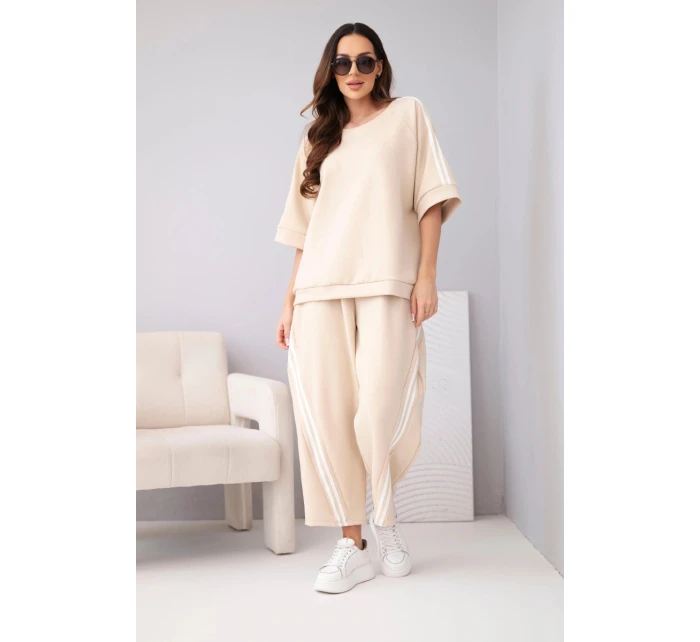 Dámský komplet máslový z viskózy mikina a kalhoty s lampasy béžový