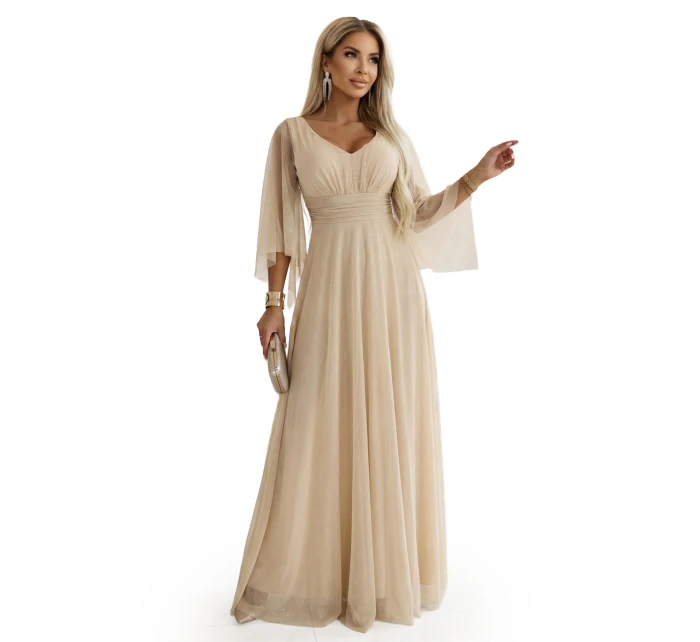 Dlouhé lehké třpytivé šaty s výstřihem a rukávy  barva model 21955156 - numoco basic