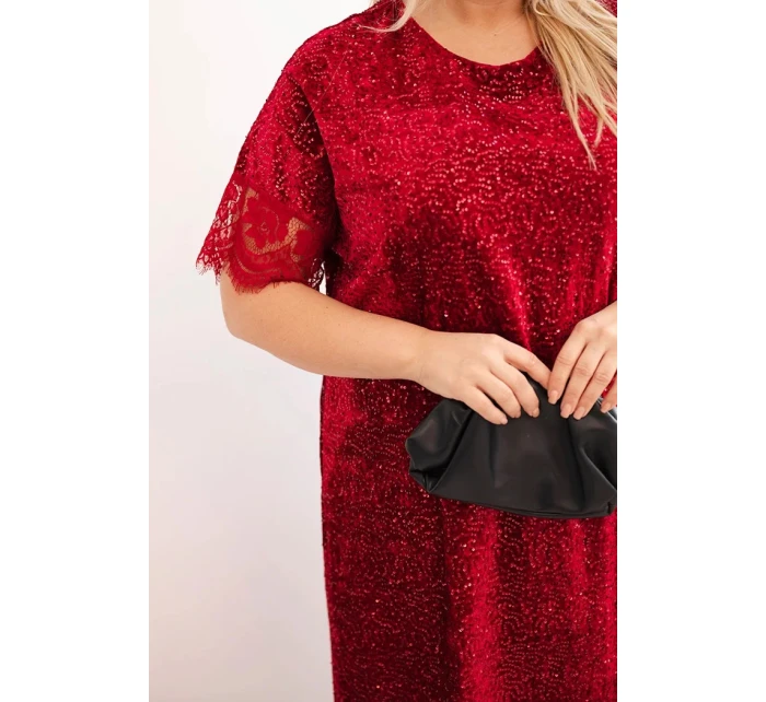 Dámská Plus Size šaty s flitry a krajkovým model 21486192 bordová - K-Fashion