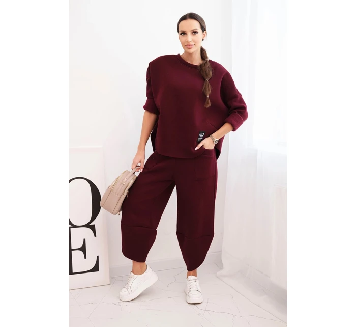Dámský komplet teplákový z silnějšího materiálu se širokými nohavicemi bordový Dámský komplet teplákový z silnějšího materiálu se širokými nohavicemi bordový