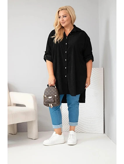 Dámská košile Plus Size z viskózy manšestrová s model 22297050 rukávy černá - K-Fashion