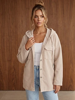 Dámská oversize kordurová bunda s kapucí, béžová, FashionStreet TY6051