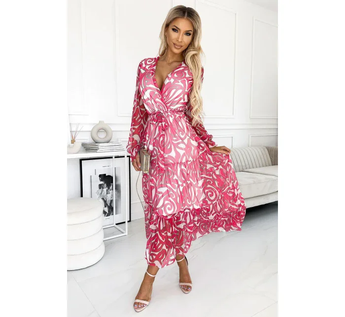 476-1 ENRICA Šaty s výstřihem a dlouhými rukávy - PINK WALES - síťovina