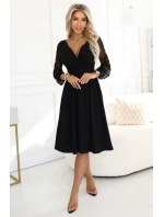 Elegantní midi šaty s obálkovým výstřihem a rukávy černé model 21794482 - numoco