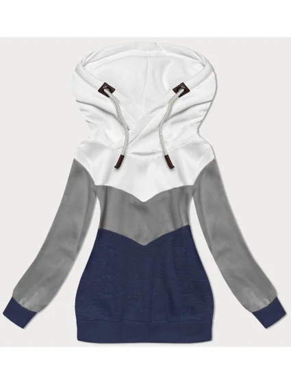 Bílo-šedo-tmavě modrá hrubší trojbarevná dámská mikina (2303)