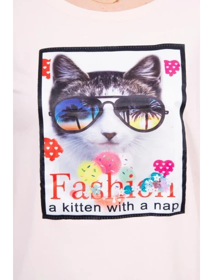 Halenka s 3D grafikou kočky pudrově růžová Halenka s 3D grafikou kočky pudrově růžová