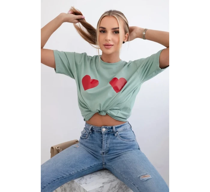 Bavlněná halenka s potiskem srdce tmavá máta Bavlněná halenka s potiskem srdce tmavá máta