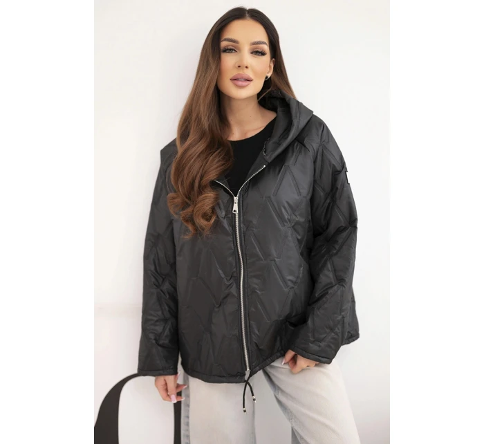 Dámská jarní prošívaná bunda s kapucí a zipem černá
