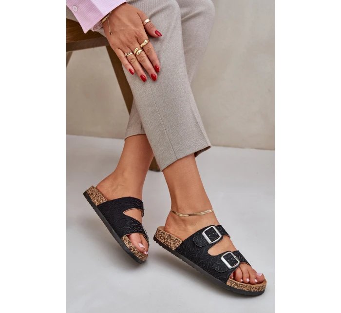 Textilní Pantofle Na Korkové Podešvi S Přezkami Černé Atera Textilní Pantofle Na Korkové Podešvi S Přezkami Černé Atera