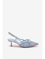 Dámské krajkové sandály na podpatku s mašlí Modré model 22107296 - Boto