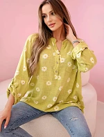 Lněná dámská halenka s květinovým vzorem, dlouhými rukávy a knoflíky kiwi