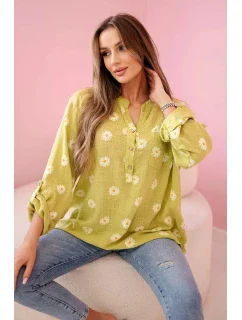 Lněná dámská halenka s květinovým vzorem, dlouhými rukávy a knoflíky kiwi