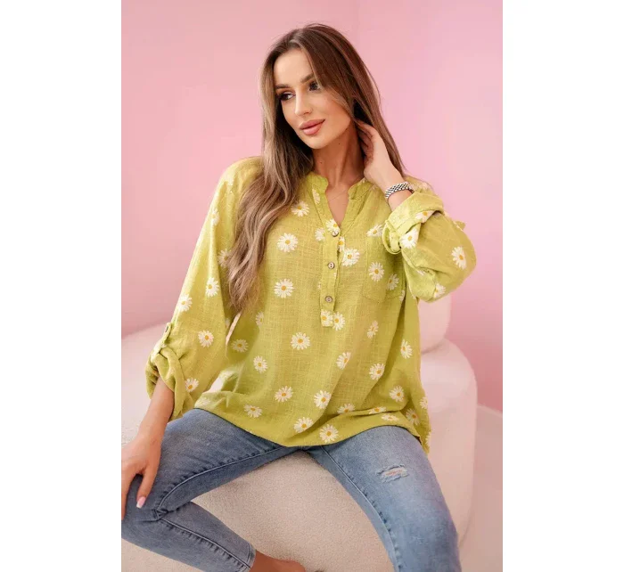 Lněná dámská halenka s květinovým vzorem, dlouhými rukávy a knoflíky kiwi