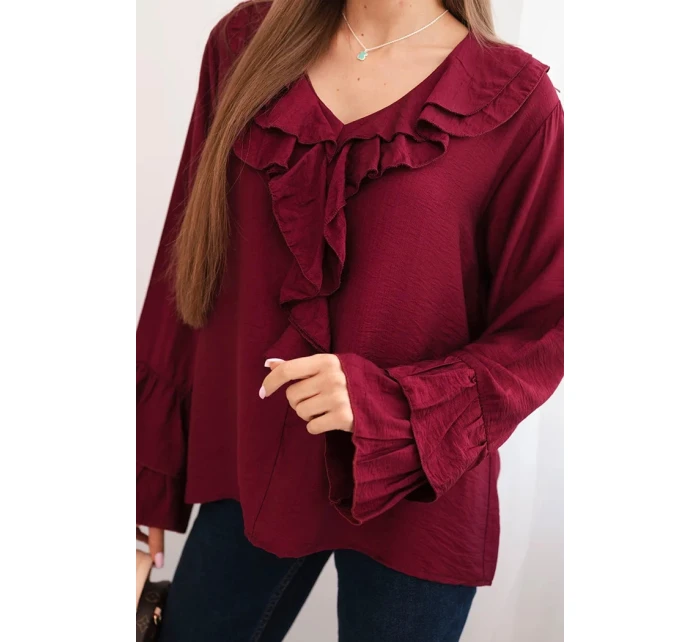 Dámská blůza z viskózy s volány a dlouhým rukávem bordová Dámská blůza z viskózy s volány a dlouhým rukávem bordová