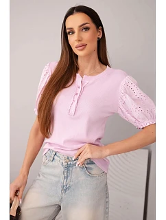 Dámská bavlněná žebrovaná halenka s model 22045177 rukávem a knoflíky světle fialová - K-Fashion