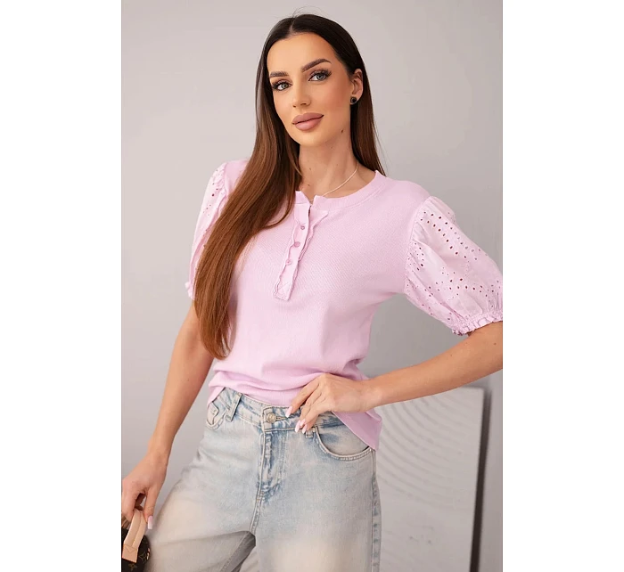 Dámská bavlněná žebrovaná halenka s model 22045177 rukávem a knoflíky světle fialová - K-Fashion