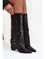 Dámské kozačky na podpatku s obráceným límcem a přezkami Jessae Černé