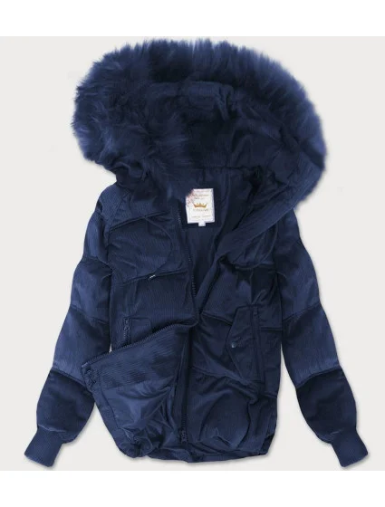 Tmavě modrá manšestrová dámská bunda s kapucí (7696)