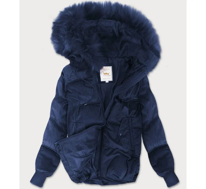 Tmavě modrá manšestrová dámská bunda s kapucí (7696)