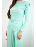 Dámská bavlněná souprava s halenkou a kalhotami s širokými nohavicemi mátová