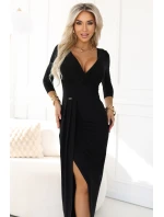 404-13 Elegantní dlouhé šaty s obálkovým výstřihem a rozparkem - černé 404-13 Elegantní dlouhé šaty s obálkovým výstřihem a rozparkem - černé