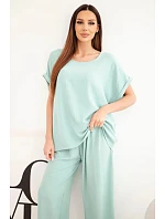Dámský komplet Plus Size halenka a kalhoty se širokými nohavicemi tmavě mentolová
