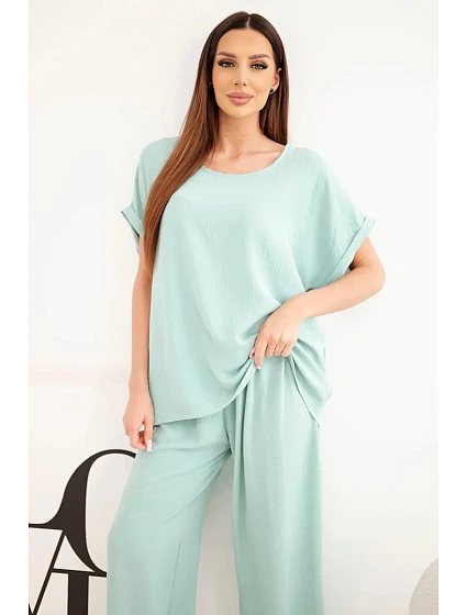 Dámský komplet Plus Size halenka a kalhoty se širokými nohavicemi tmavě mentolová Dámský komplet Plus Size halenka a kalhoty se širokými nohavicemi tmavě mentolová