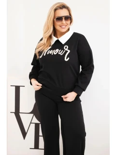 Dámská souprava model 21924580 Plus Size s širokými nohavicemi a límečkem černý - K-Fashion