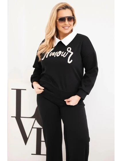 Dámská souprava máslíčko Plus Size s širokými nohavicemi a límečkem černý