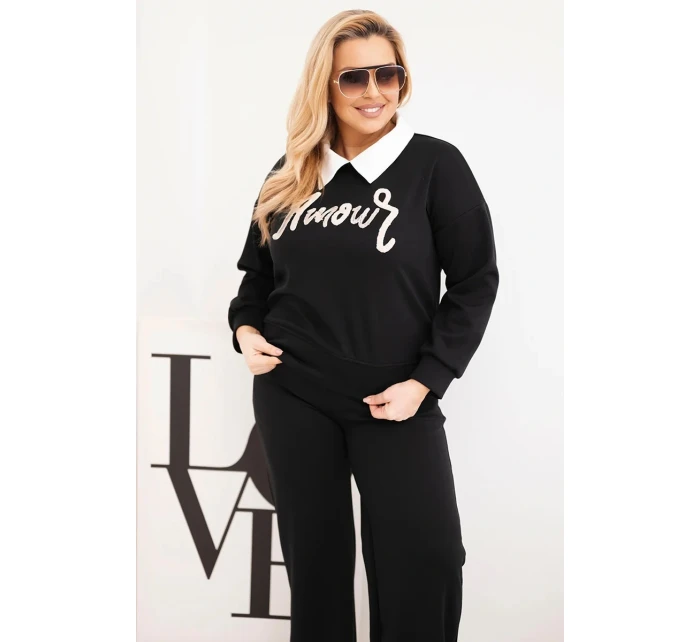 Dámská souprava máslíčko Plus Size s širokými nohavicemi a límečkem černý