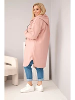 Dámský kabát plus size s kapucí zapínaný na knoflíky tmavě růžový