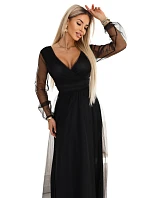 664-3 Dlouhé maxi šaty s tylovými rukávy a obálkovým výstřihem - černé 664-3 Dlouhé maxi šaty s tylovými rukávy a obálkovým výstřihem - černé