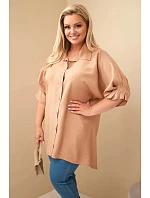 Dámská Plus Size bavlněná košile s knoflíky a límcem velbloudí Dámská Plus Size bavlněná košile s knoflíky a límcem velbloudí
