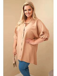 Dámská Plus Size bavlněná košile s knoflíky a límcem velbloudí